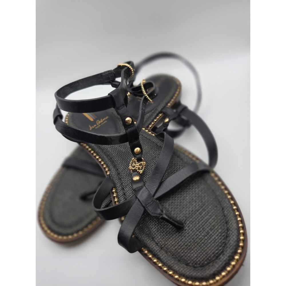 Sam Edelman Black Leather Gladiator Sandals Gold Studded T-Strap Flat 9.5